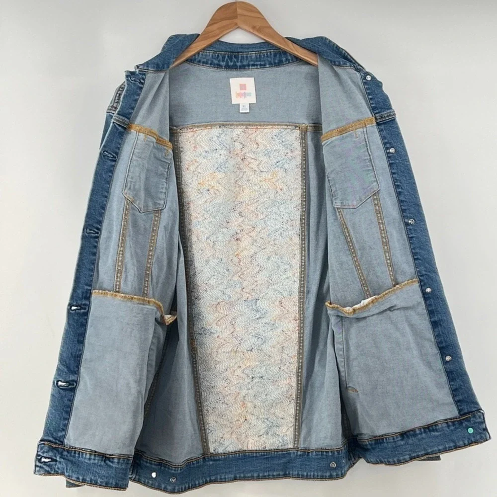 LuLaRoe Jaxon Denim Jacket XL Southwestern Aztec Knit Back Panel Boho Western